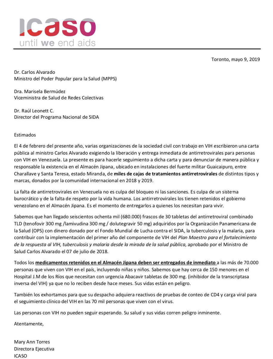 <a href="/jaarreaza/">Jorge Arreaza M</a> Pero Jorge, por qué no sacan los miles de tratamientos para VIH donados que tienen retenidos en Jipana y el SEFAR?  No te lo ha dicho <a href="/AlvaradoC_MPPS/">Carlos Humberto Alvarado González</a> o el Dr Leonet (que me bloqueó)? Aquí una carta que mandamos, aun sin respuesta.