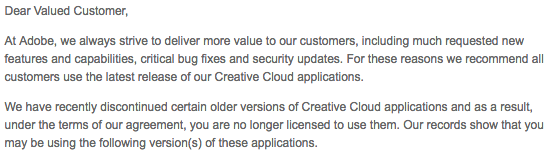 So <a href="/Adobe/">Adobe</a> is telling me to buy a completely new edit system at drop of a hat (since I can't update to the latest version bc of my hardware/software configurations--my current system is stable &amp; happy). Now THAT'S customer service!! #postchat #customerservicefail #UNvaluedcustomer