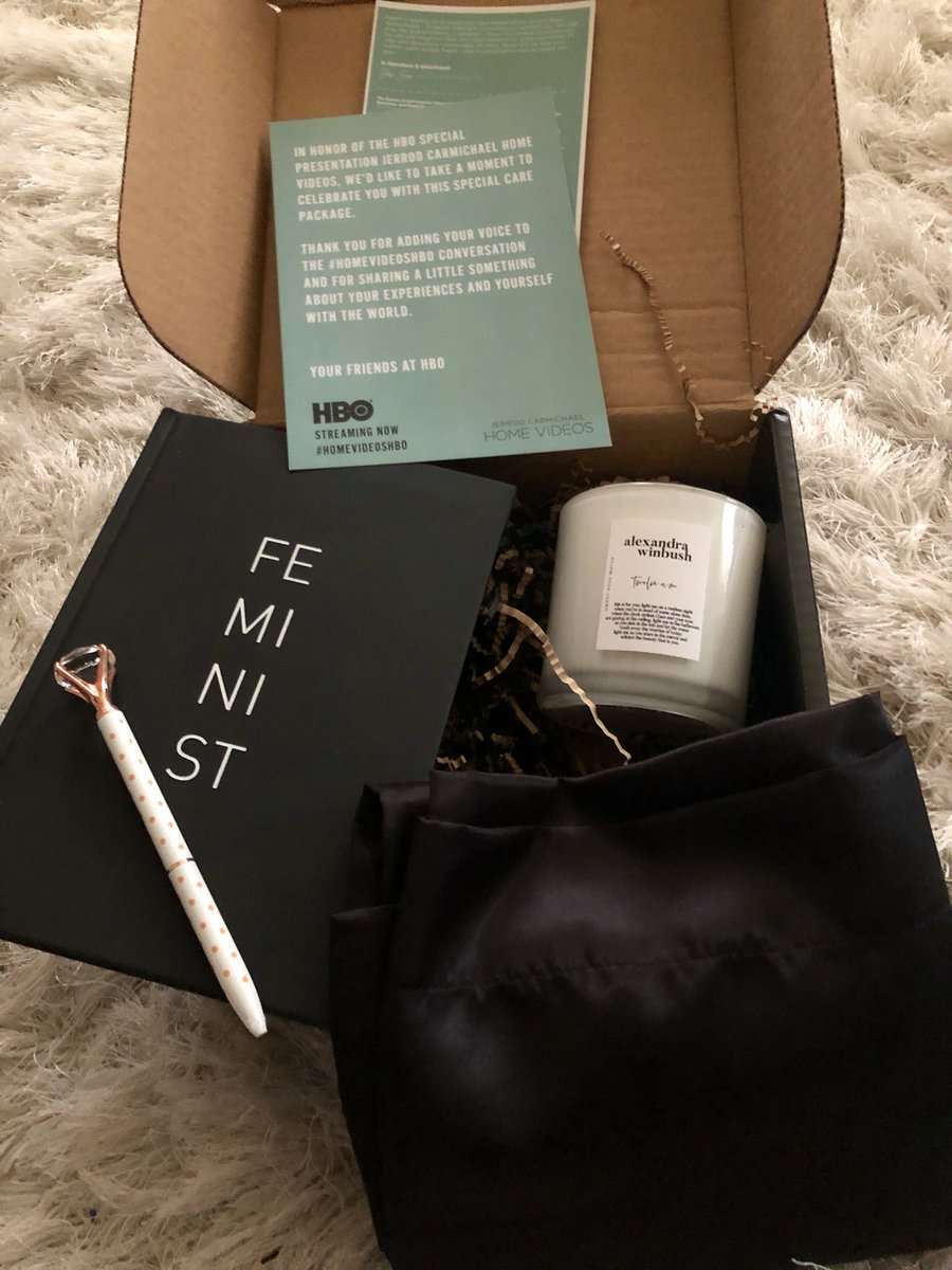 africamiranda's tweet photo. thank you @hbo for this lovely care package to celebrate #HomeVideosHBO! a satin pillowcase, @lightsipplay candle, and a fancy pen to write in my new journal ✨🙌🏾 https://t.co/THDsDR3qKO