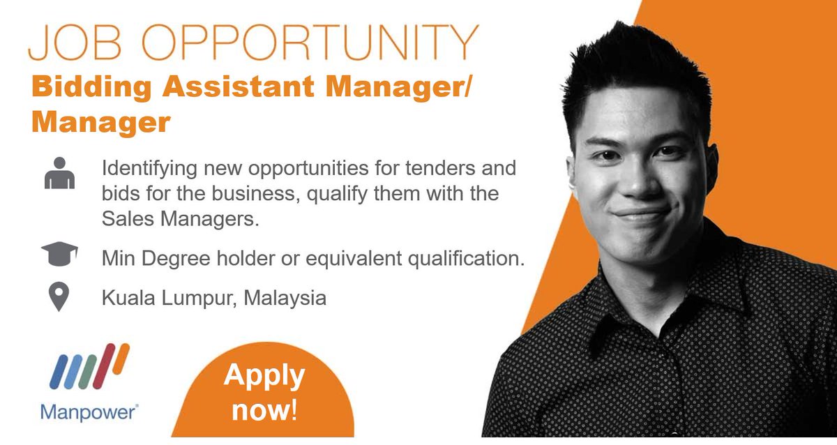 ManpowerMY's tweet photo. Internal Hiring! Bidding Assistant Manager/Manager|Identifying new opportunities for tenders and bids for the business, qualify them with the Sales Managers and ensuring the process is managed and deliver it within tight deadlines|More info/To apply: https://t.co/JHnqiwQsb4 https://t.co/8LIzXlq6rM