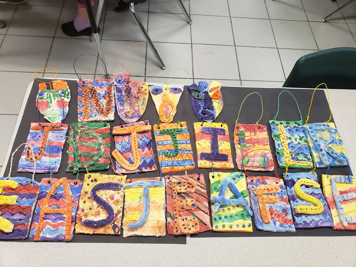 DionAllison's tweet photo. Clay painting week is here!  Students favorite time of year in art class!  4th grade made initial tiles, kindergarten made ladybugs out of their pinch pots.  #elementaryart #artteacherlife #create #kidsart #clay #pinchpots #slabs #painting https://t.co/D4lHdj3rlV