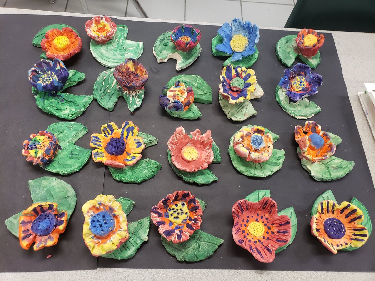 DionAllison's tweet photo. Clay painting week is finally here!  Students favorite time in art class!  2nd grade made Monet waterlilies, 3rd grade made koi fish in pinch pot bowls.  #clay #sculpture #elementaryart #artteacherlife #create #kidsart #painting https://t.co/Lj7jkSg2az
