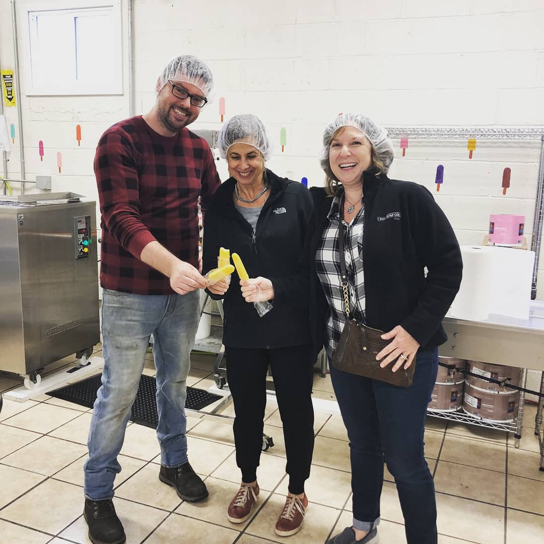 CFWpennpurchase's tweet photo. Thanks to @mompopsphilly for the tour of their plant facility. We are so excited to start selling our Wine Pop they made for us. Strawberry Sangria wine pops! #winepopsicles #summertreats #peddlersvillage https://t.co/cmBgwKtbP8
