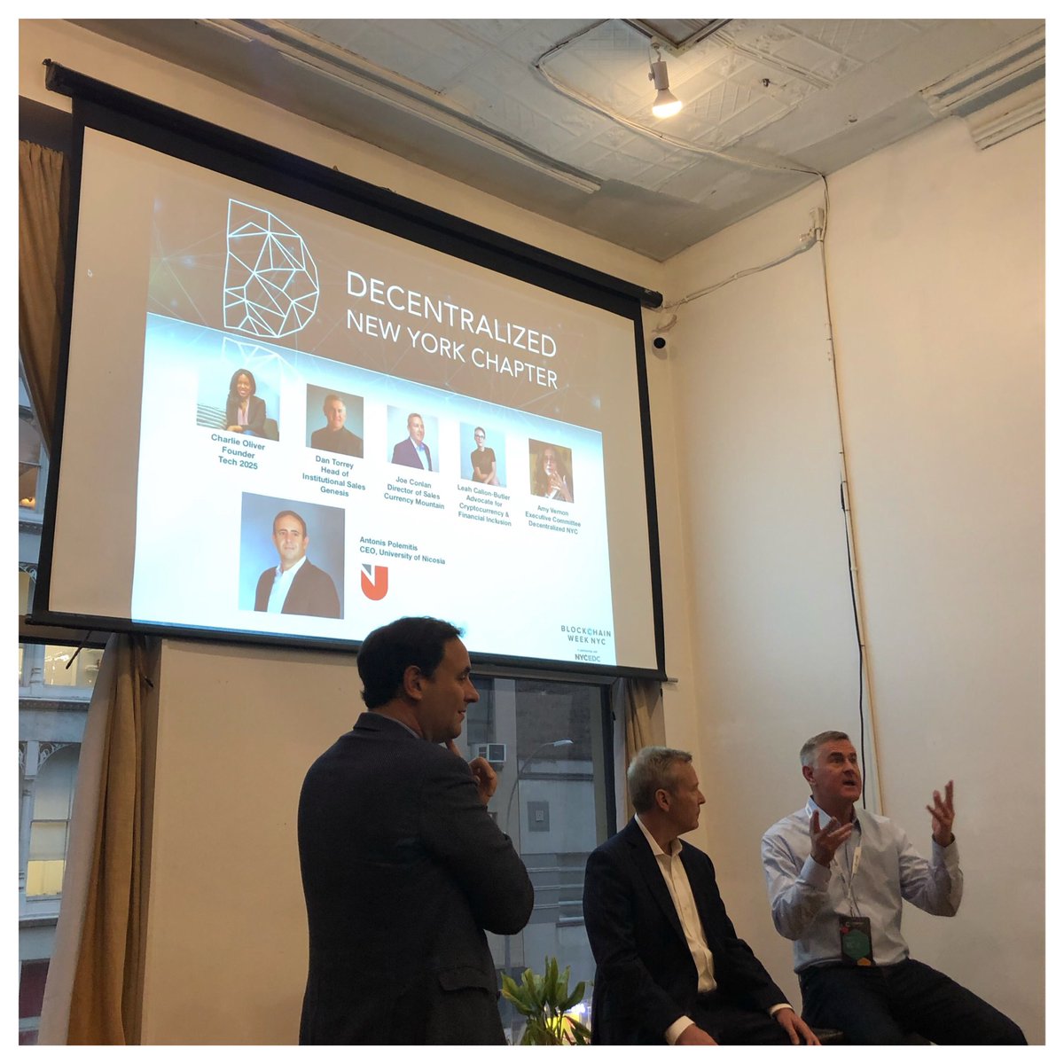 Another stop after Consensus - Decentralized New York Chapter. 
With #AntonisPolemitis from <a href="/Uni_of_Nicosia/">University Nicosia</a> , Dan Yorrey from #Genesis &amp; Joe Conlan #CurrencyMountain . #Nyc #blockchain #blockchainweeknyc #Decentralized
