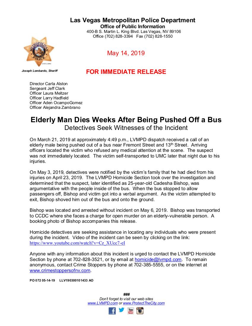 LVMPD's tweet image. PRESS RELEASE:  Elderly Man Dies Weeks After Being Pushed Off a Bus - 
Detectives Seek Witnesses of the Incident
VIDEO: youtu.be/Cz_XUcc7-eI 
#LVMPDnews