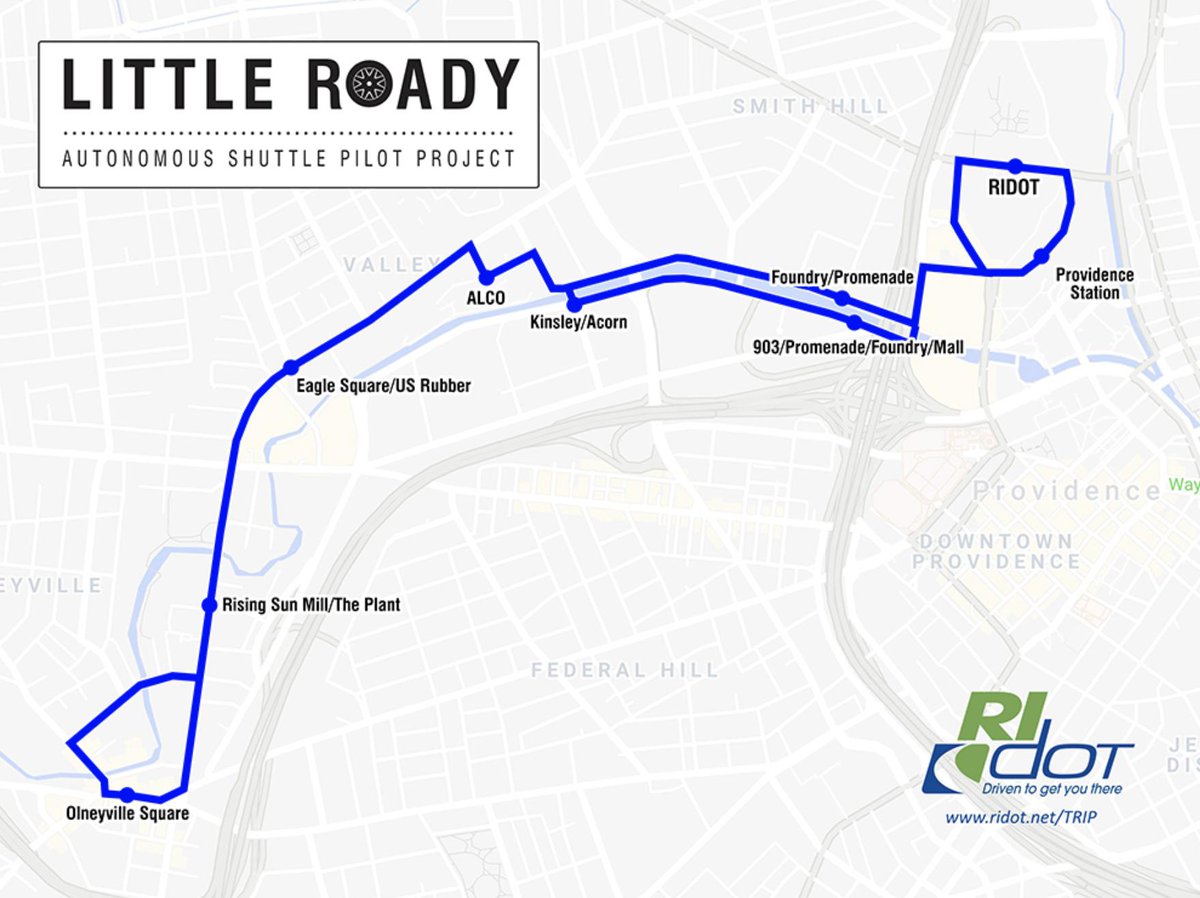 May_Mobility's tweet image. Today’s the first day the public can ride our 12-stop #selfdriving shuttle route in Providence! Need to get to and from Amtrak? Onleyville Square? We’ve got you! If you want to hop on, wait where there are #LittleRoady signs and green curb, and you’ll be on the road in no time!