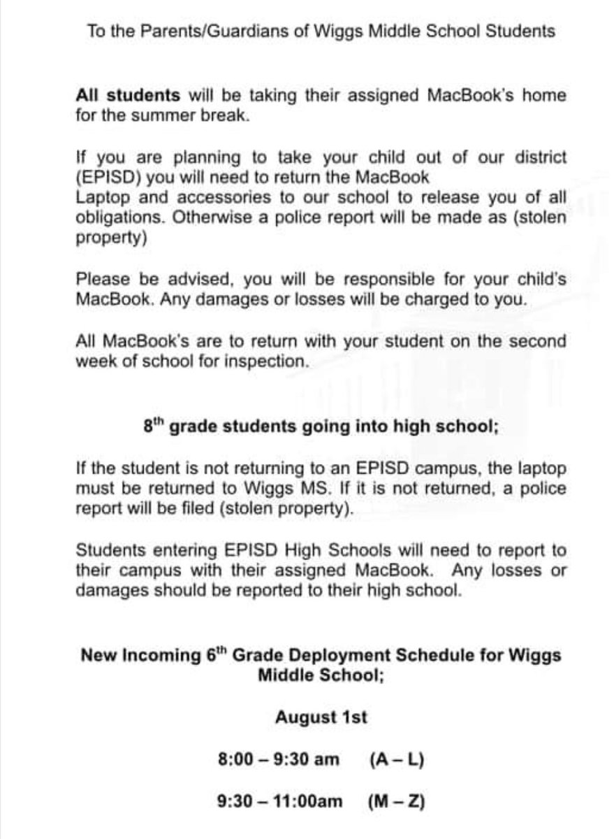Message regarding student issues laptops