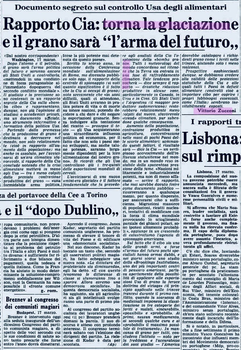 "Tutti i meteorologi del mondo concordano nel ritenere che la Terra sia entrata in una fase di raffreddamento climatico."
- Vittorio Zucconi (La Stampa del 18 marzo 1975)

Lo trovo sublime, grazie a @agiorgiutti per la chicca. 😄