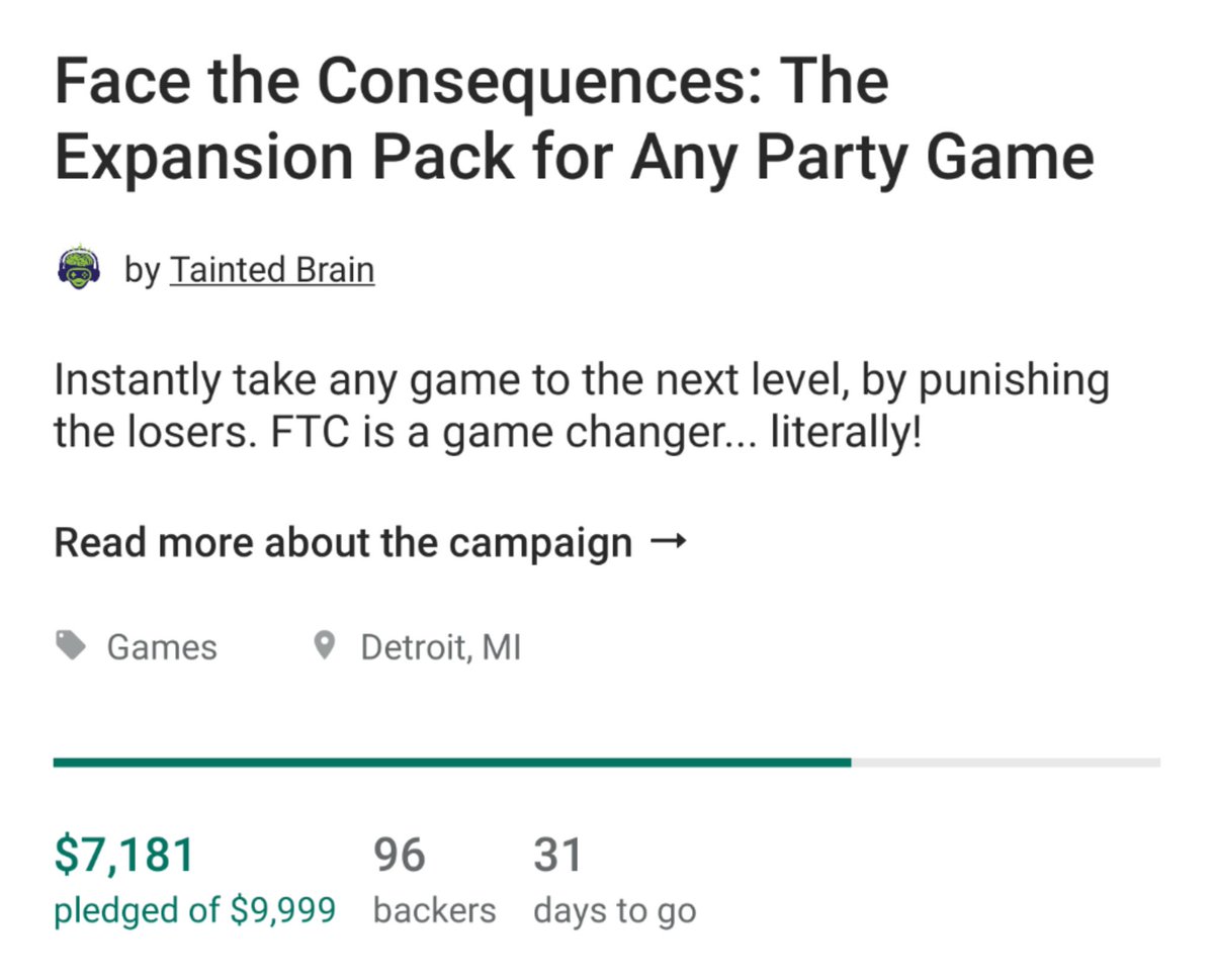 FTCgame's tweet image. Wow! We are blown away! Almost funded the first day!? Can we do it in 24 hours? Help spread the word! And if you  haven't pledged already, go to:
kck.st/2VE7LBx

#ftcgame #kickstarter #facetheconsequences #party #partygames