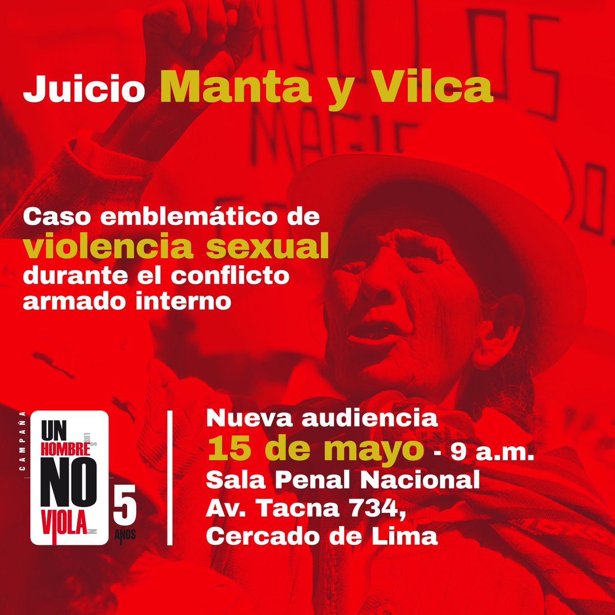 MAÑANA Nueva Audiencia #MantaYVilca. Este 15 de mayo continúan las audiencias públicas del juicio de Manta y Vilca, caso emblemático de violencia sexual durante el conflicto armado interno. Estemos alertas por un juicio justo, ágil y transparente. 🙌🏽