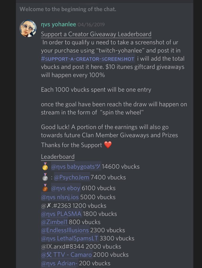 vfamqts's tweet photo. Thanks for using code 
“twitch-yohanlee” in shop. 

Each 1000 vbucks spent = 1 entry for a $10 itunes giftcard giveaway. 

Join discord for more info

@TwitchTVOnline @TwitchRetweetsU @Agile_RTs @TwitchReTweets @BlazedRTs  @Mighty_RTs @ShoutGamers  @TwitchTVGaming @SupStreamers https://t.co/vF2Hdltkzy