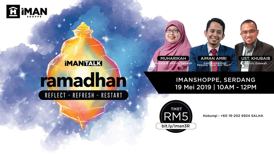 This Sunday 19th May, I will be sharing about this whole  #RamadanChallenge thing and how to make our Ramadan as a new beginning for us.The theme will be,"Ramadan: Reflect, Refresh, Restart."Come join us! Seats are limited. https://www.imanshoppe.com/pages/event-iman – at  Iman Shoppe
