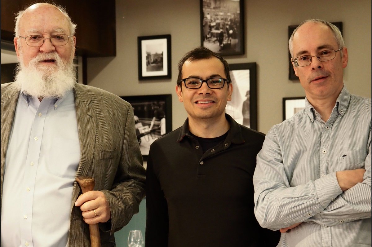 demishassabis's tweet photo. Was fantastic to meet the great @danieldennett last week and discuss the nature of intelligence, self-identity, qualia and of course consciousness (along with @mpshanahan). To be continued soon I hope...! https://t.co/yiUvNtcnrF