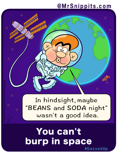 MrSnippits's tweet photo. To quote #astronaut Chris Hadfield 👨🏻‍🚀, in space, without gravity to separate them: " air, food, and liquids in your stomach are all floating together like chunky bubbles.  If you #burp, you throw up into your mouth… so guess where the trapped air goes? https://t.co/HKJ8Rm7fZc