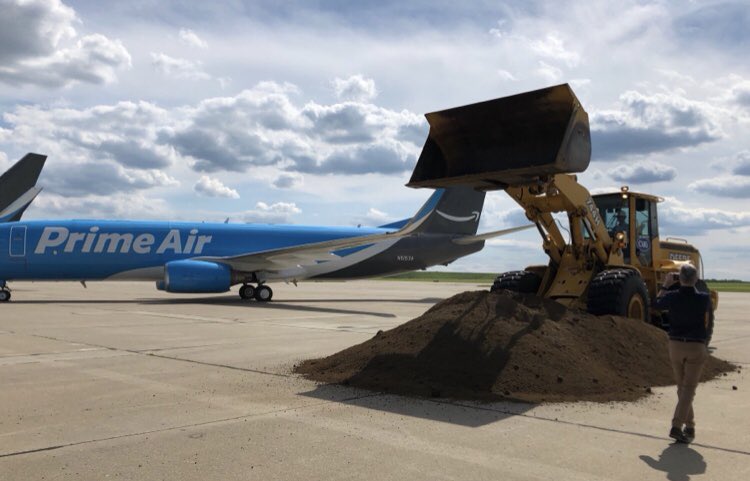 A historic day at CVG! Groundbreaking of <a href="/amazon/">Amazon</a> hub—with special guest <a href="/JeffBezos/">Jeff Bezos</a> moving the first of a lot of dirt. This will be a huge economic driver for our region, with over 2,000 new jobs on the way. #CVGnext ✈️✈️