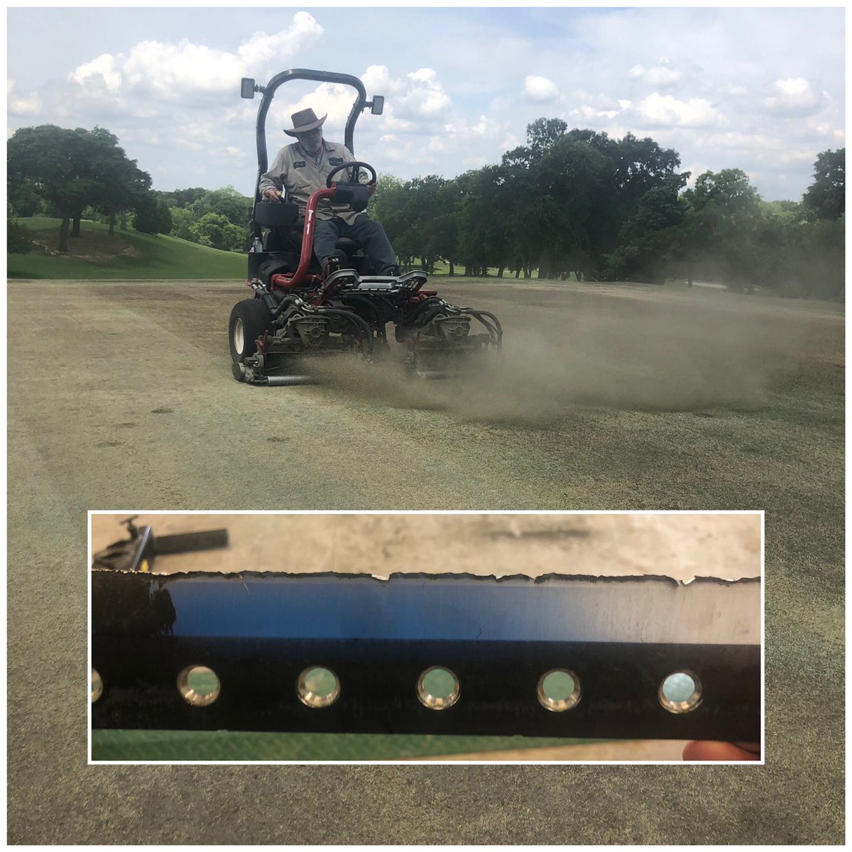 After another good day of verti-cutting &amp; scalping, greens are ready for aerification tomorrow. Not a good day to be a bedknife though 😏