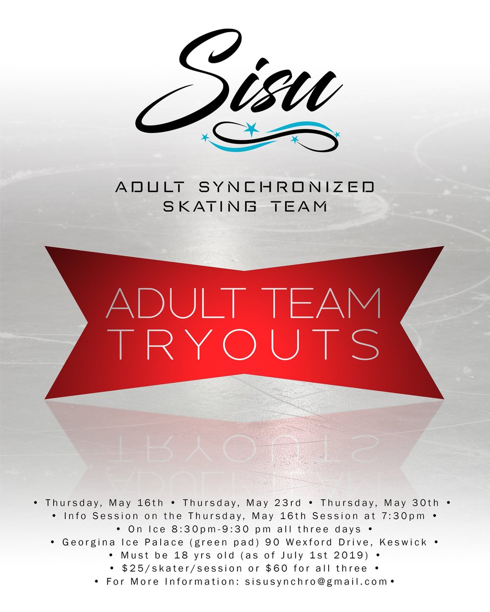 SisuSynchro's tweet photo. Our first tryout session is this Thursday, May 16th!
There will be an info session preceding the on-ice portion, starting at 7:30pm sharp.

Sign up online here:
https://t.co/OSzDLyU8ub

For More Information send us an email at sisusynchro@gmail.com https://t.co/camKFcvXYZ