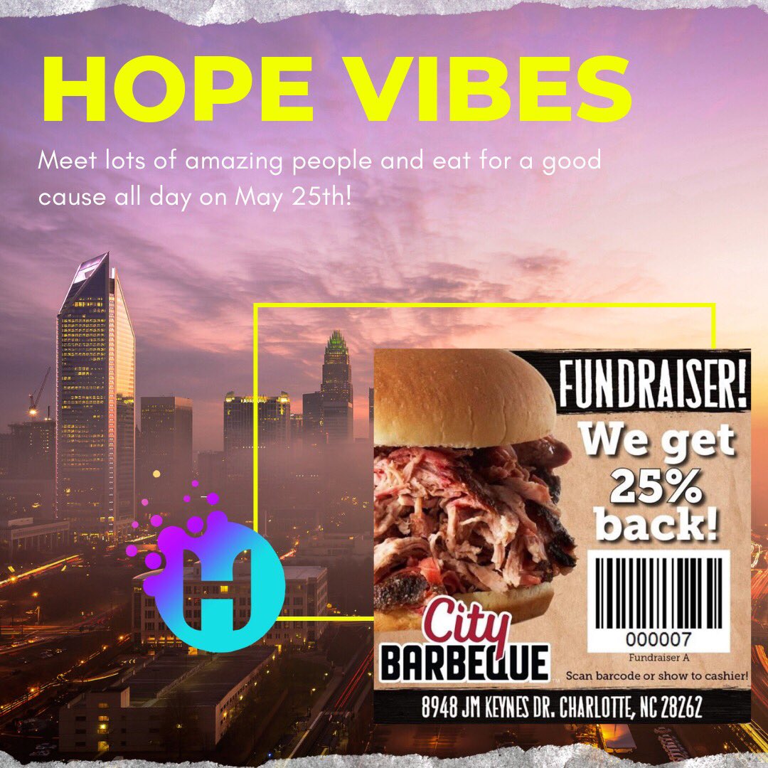 HopeVibesCLT's tweet image. On May 25th you can help us raise funds for the Hope Tank Charlotte's 1st #laundry and #shower vehicle. All you have to do is go to the #University area City BBQ at any point in the day, show them our "fundraiser barcode" and buy a meal. You can also join us @7pm for dinner.