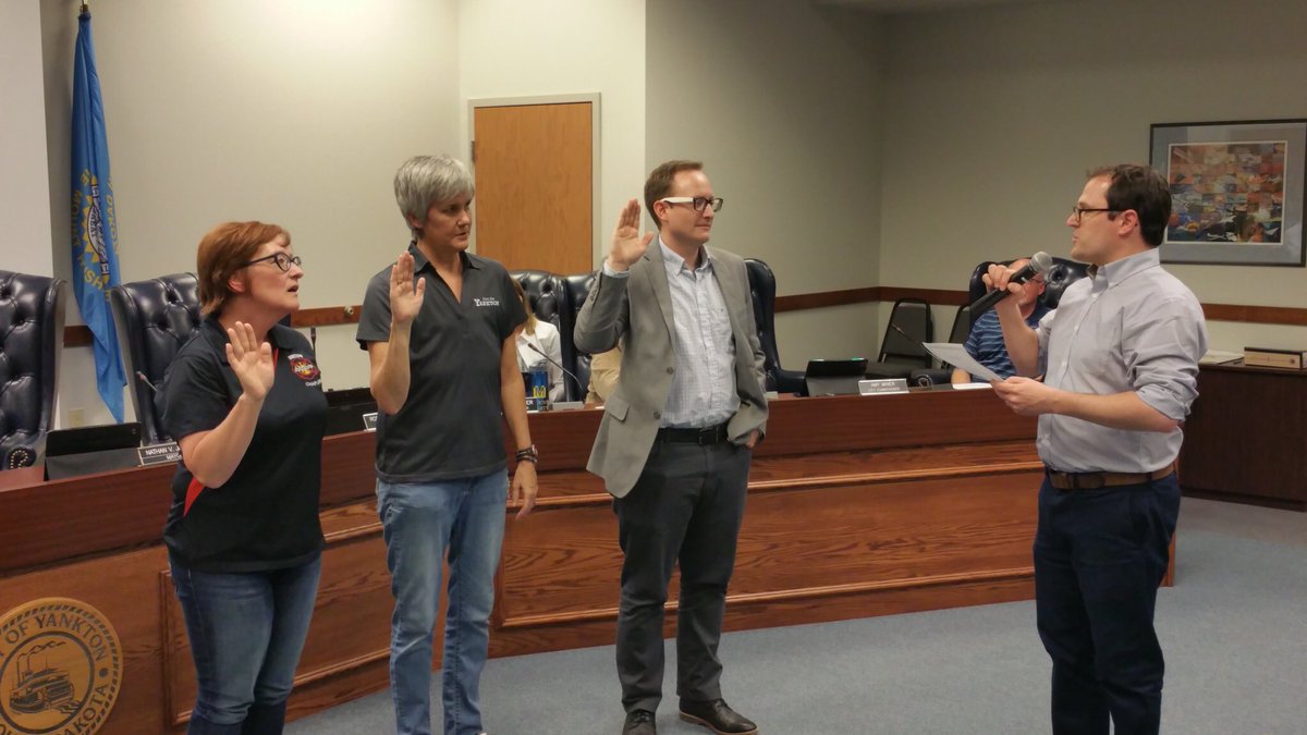 CityofYankton's tweet photo. Newly elected City Commissioners Jerry Webber, Amy Miner, and Mason Schramm took their oath at yesterday’s Commission Meeting.  Each begins a three year term. https://t.co/Uyx0RiGG5D