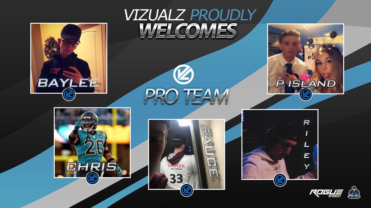 VizuaLizing's tweet photo. Lets get this announcement underway! Welcome in our up and coming VizuaLz PRO TEAM!

👤 Sauce : @Sauc3r 
👤 Riley : @Hooch905 
👤 Chris : @cShotii 
👤 P Island : @IslandsClips 
👤 Baylee : @XerooJokes 

#VizuaLizeTheFuture https://t.co/zv54pxEDP3
