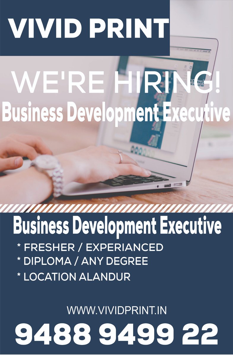 VividPrint_in's tweet photo. We Are Hiring Business Development Executive 
No of vacancy: 03

Qualification: Any Graduation /Diploma
Eligibility: 0 to 3 years experience
Salary: 8000 to 10000 + allowance + Bonus

Industry : Printing

Job Location: Alandur-Guindy, Chennai https://t.co/zk5CWarQqZ
