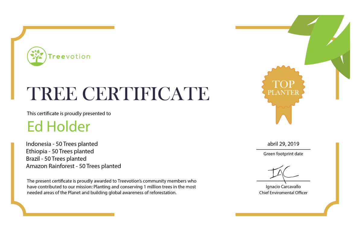 Just received our certificate  from Treevotion!! I love the fact you can choose WHERE in the world they plant the trees. Check them out -  treevotion.com 

#MillionTreesChallenge #Reforestation