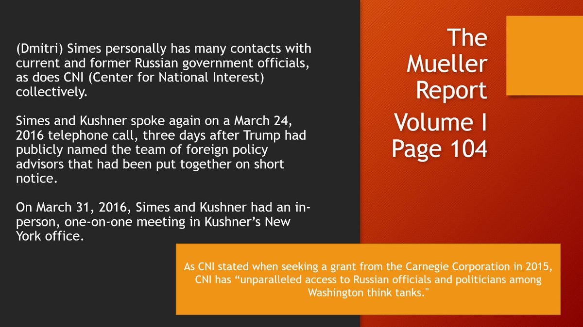 Ten days after Jared sought out Dmitri Simes for his assistance in finding "experienced foreign policy professionals," they spoke again - just after Trump named the foreign policy team.They had an in-person meeting just a few days later. #MuellerReport  #CNI  #Kushner  #Simes