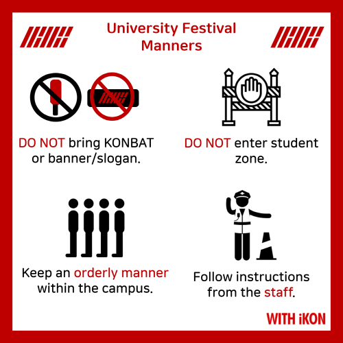 iKON_hubhome's tweet photo. 📣대학교 축제 관람 시 지켜야 할  유의사항📣
RT plz🙇‍♂️🙇‍♀️

아이콘이 참석하는 대학교 축제 관람 시 지켜야 할 유의사항입니다.
한국어 버전 영어 버전 모두 만들었으니 RT 많이 해주시고 재밌고 즐거운 시간 되시길 바랍니다😍 https://t.co/iyEMjgSXJA