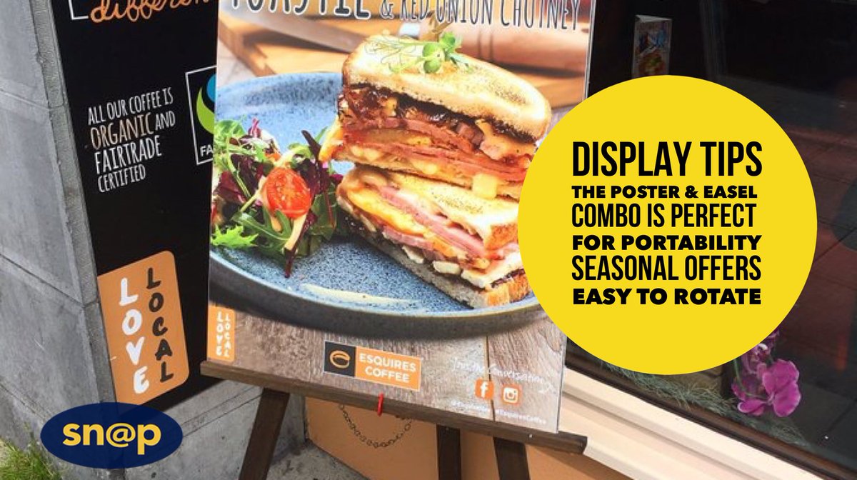 SnapIreland's tweet image. Glad to provide smart #signage &amp;amp; #pointofsale solutions to local clients @ESQ_Franchise. Here’s a #displaytip: Our Easel + hard-backed poster combo is perfect for seasonal menus &amp;amp; offers. Portable. Easy to change outdoors  - more ideas here 👉 bit.ly/SnapEventPromo