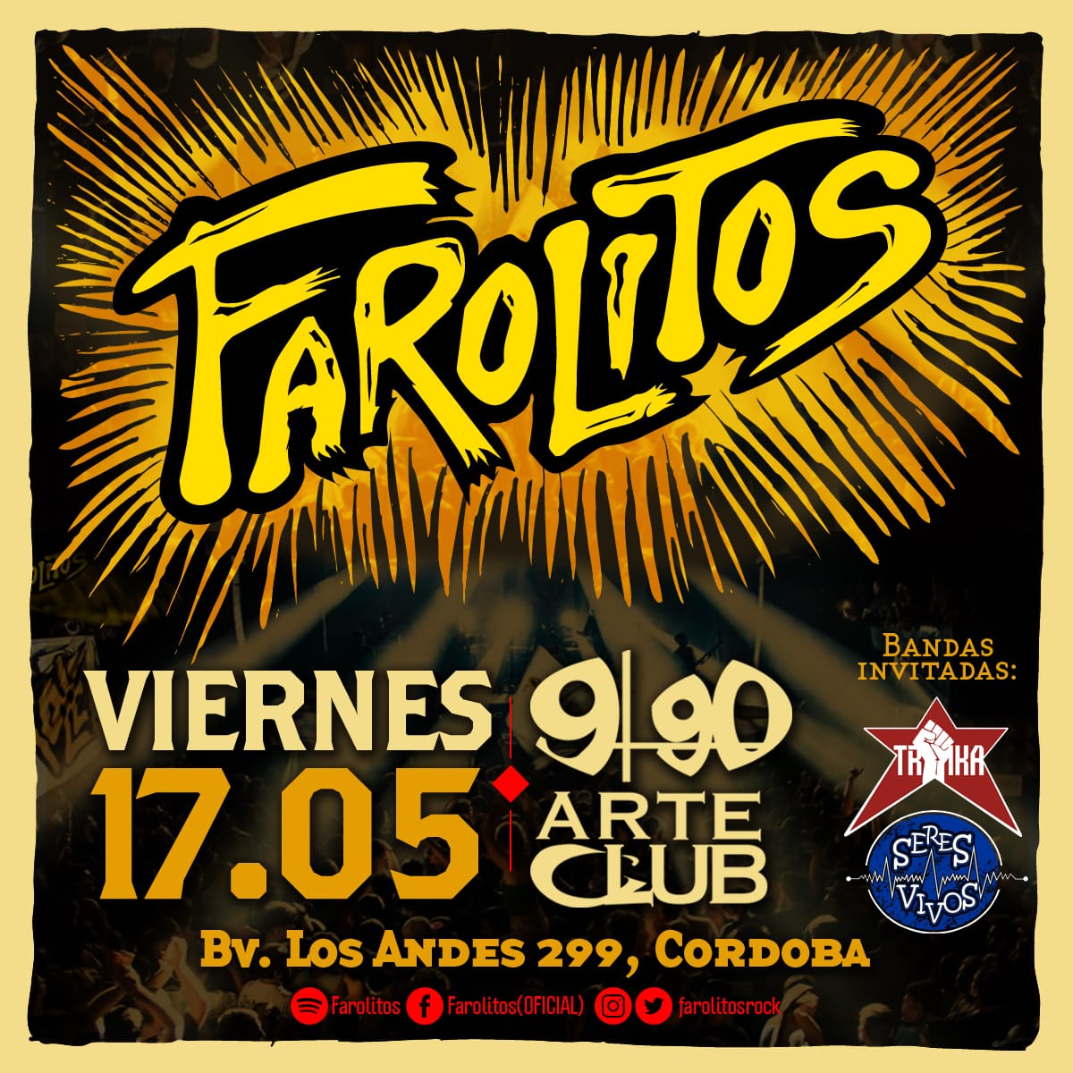 Este viernes 17/05, <a href="/Farolitosrock/">Farolitosrock</a> y mis hermanitos de Seres Vivos en <a href="/990arteclub/">@990arteclub</a>!

Entradas en Oktubre y <a href="/alpogotickets/">Alpogo</a>.