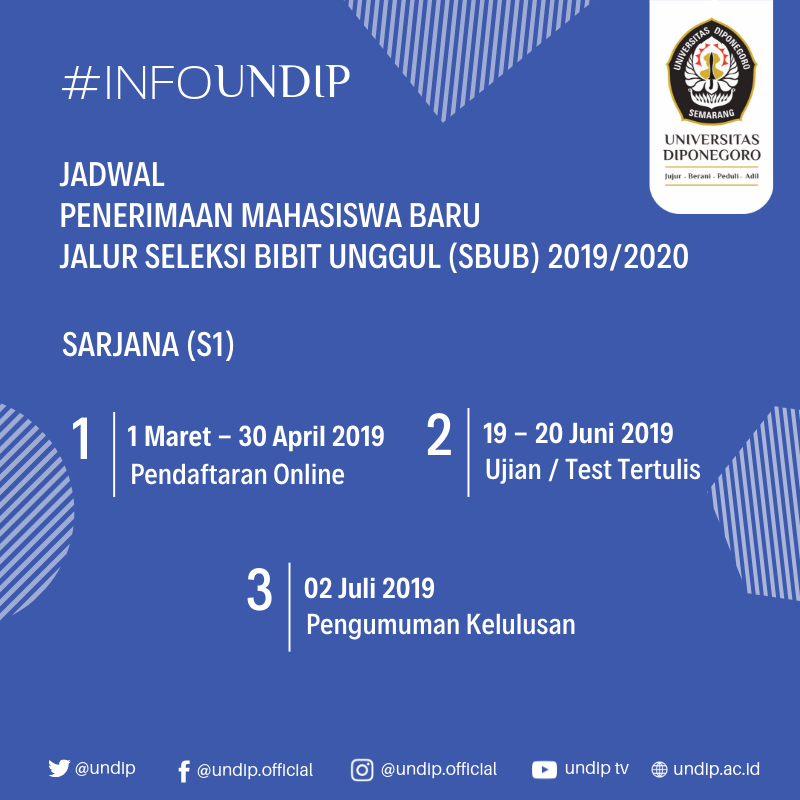 undip's tweet photo. #InfoUndip Kalender Penting Penerimaan Mahasiswa Baru (PMB) #Undip Tahun Ajaran 2019/2020 untuk Sarjana melalui jalur SBMPTN, SBUB, UM (Ujian Mandiri) dan IUP https://t.co/fJO7MOj5Xr