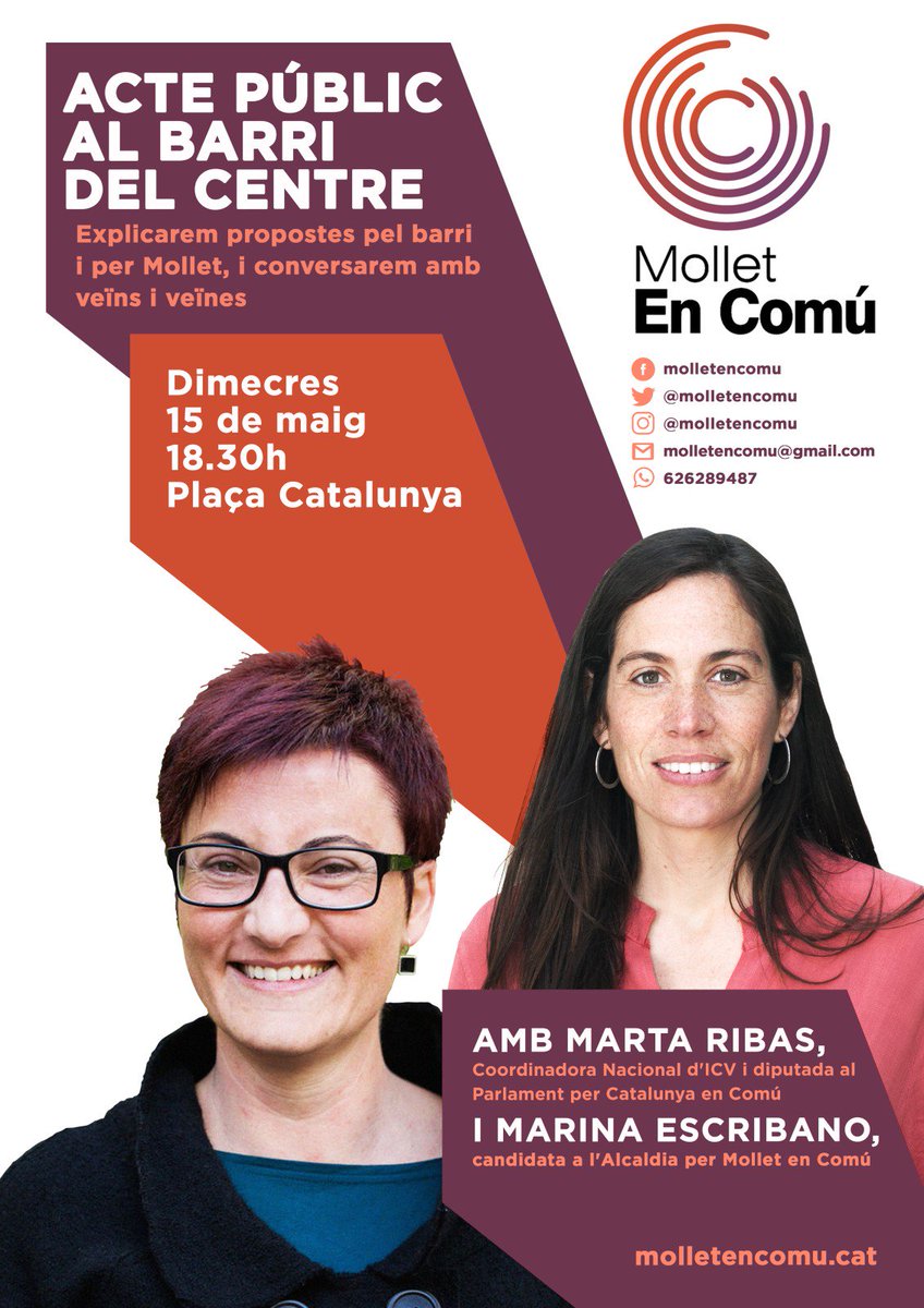 Dimecres15, 6è día de campanya. SEGUIM!: Avui estarem des de les 10 al la Zona Centre (Pl Catalunya) on a les 18:30 farem acte  amb els veins i @martaribasfrias i tb al matí visitarem Plana Lledó (Pl. Cinco Pinos) #Mollet #anemperfeina