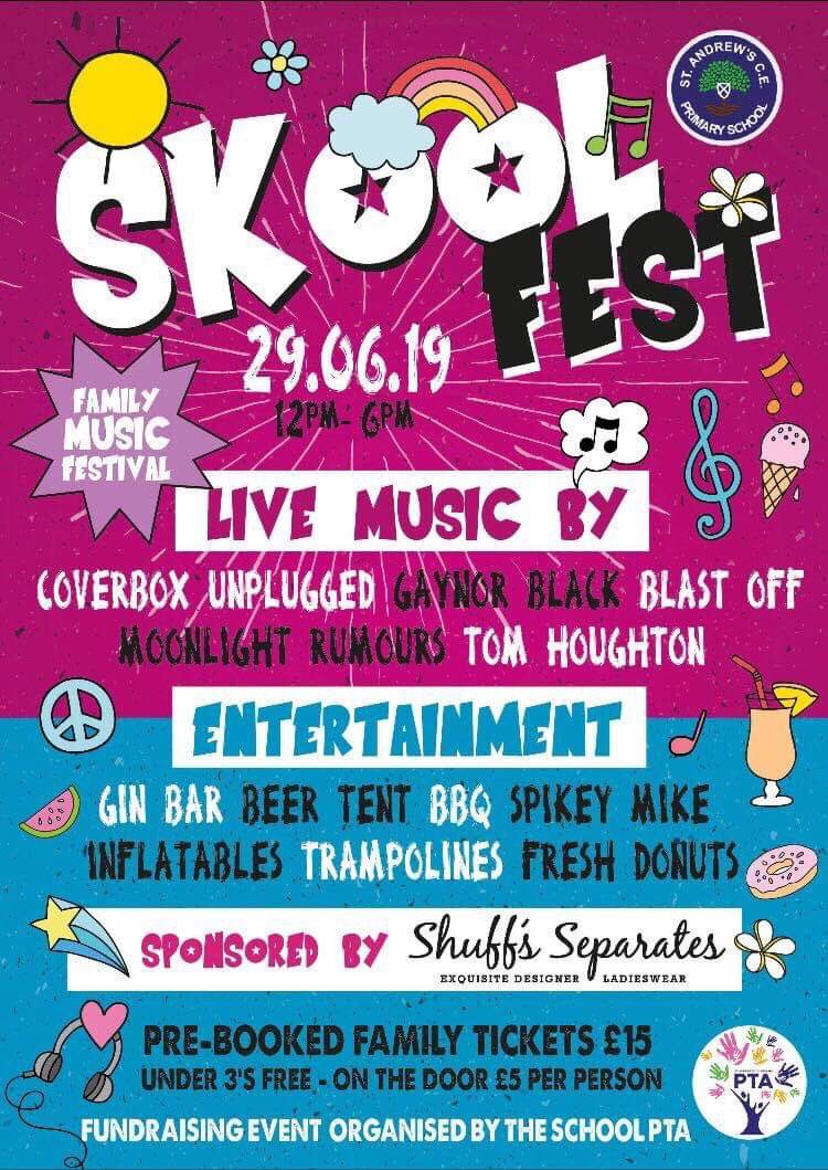 StAndSchoolPTA's tweet photo. Have you seen our up-coming event? #SkoolFest We are so excited about this and have a great line up of live artists and bands! @Moonlight_Rmrs will be headlining & we also have #BlastOff #Coverbox #TomHoughton and #GaynorBlack Advanced tickets available now from @standrewsce https://t.co/VAUhF6zu3o