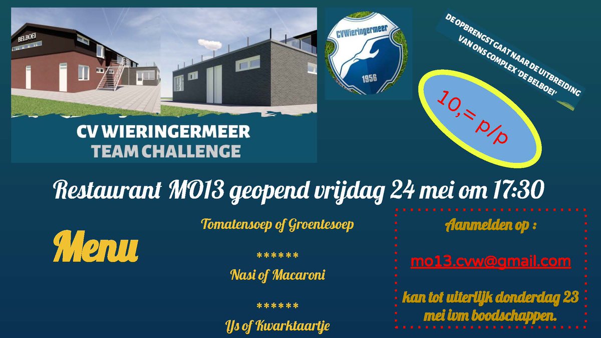 Kom vrijdag 24 mei naar Restaurant MO13 voor een heerlijk 3 gangen menu #teamchallenge