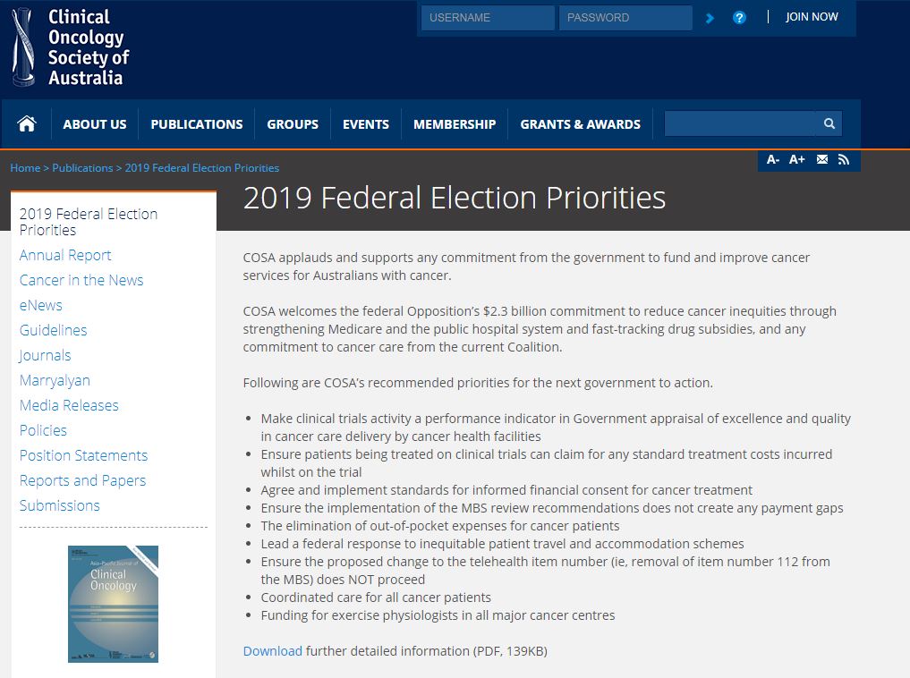 The Clinical Oncology Society of Australia calls for funding for exercise specialists in all major cancer centres within their federal election priorities  #exerciseoncology <a href="/COSAoncology/">COSA</a> <a href="/ESSA_NEWS/">ESSA</a> 
cosa.org.au/publications/2…