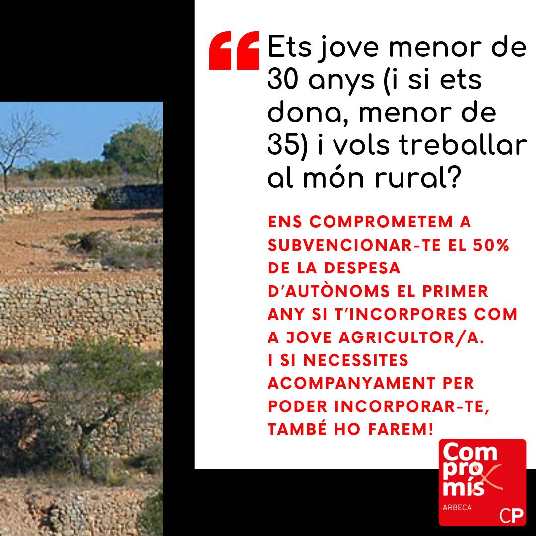compromisarbeca's tweet photo. ✅ Nosaltres ens comprometem a subvencionar-te el 50% de la despesa d’autònoms durant el primer any si t’incorpores com a jove agricultor/a.

✅ Realitzarem acompanyaments personalitzats durant tot el procés d’incorporació.

❇️Compromís per #Arbeca https://t.co/4dql3cvJjD