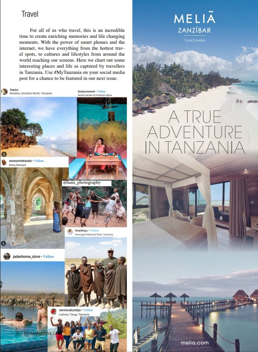 FasMagazine's tweet image. Some of the most interesting places, cultures &amp;amp; lifestyles captured by travellers in Tanzania. Use #MYTANZANIA on your social media post to be featured in our next issue. 
@frarici @bonjoursunset @awwsometravels  @hans__photography @jadenhome_store @kirankraju @veronicakundya