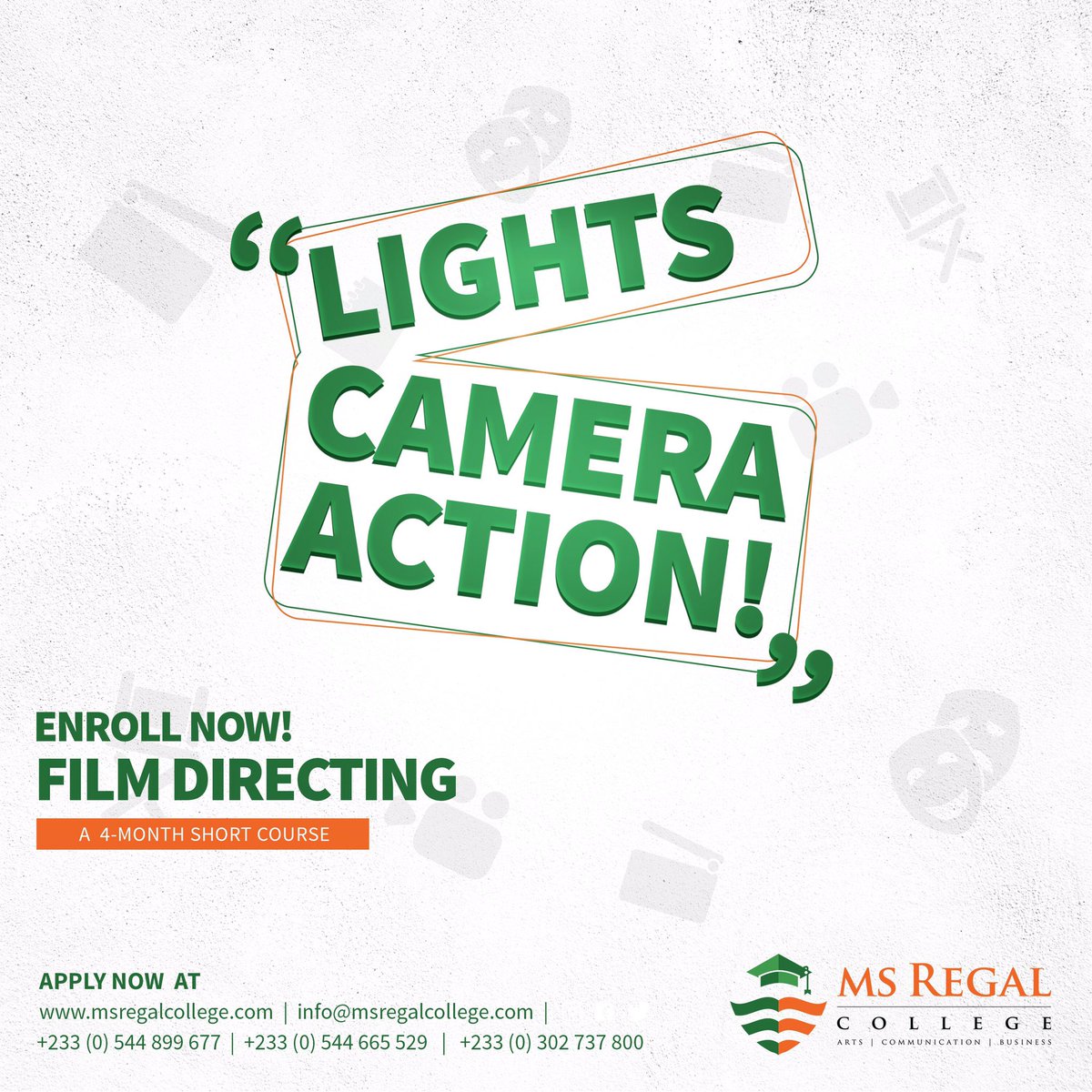 MSRegalColl's tweet photo. Our Film Directing short course equips students with the skills and knowledge to translate screenplays into fully formed films. Enroll now and learn from industry leaders. #bearoyal #msregal #college #admission #future #education #study #ghana #film #directing #filmdirecting https://t.co/ZVggYrcb6z
