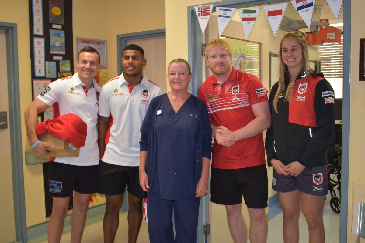 NRL_Dragons's tweet photo. Today James Graham, Darren Nicholls, Joe Lovodua and Kezie Apps spent time with patients in the Children's Ward at St George Hospital and delivered a donation to help kick-off the hospital's winter appeal. 

🎥 https://t.co/ooifnAUdcZ

#redv https://t.co/zrWzv8h4bw