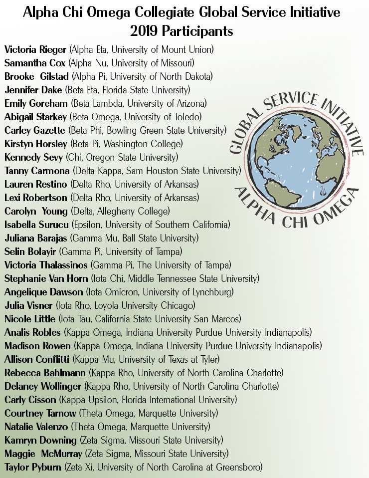 AlphaChiOmegaHQ's tweet image. Congratulations to the 32 women selected to attend the 2019 Collegiate Global Service Initiatives trip! We're so excited to follow along on their adventure to Jamaica next week and see their impact! #AXOGSI