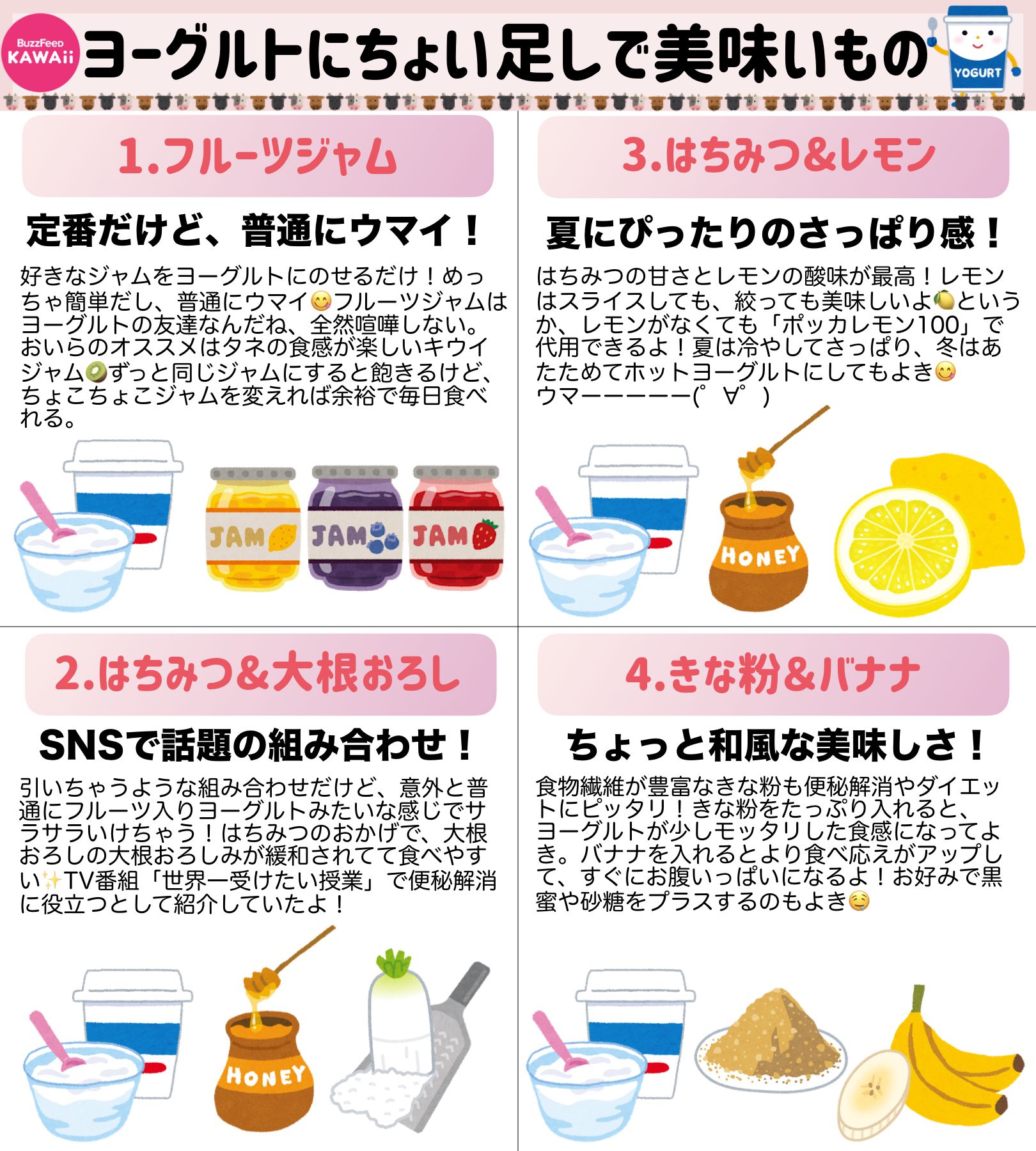 Buzzfeed Kawaii בטוויטר ヨーグルトにちょい足しすると美味しいものをまとめました ヨーグルトの日