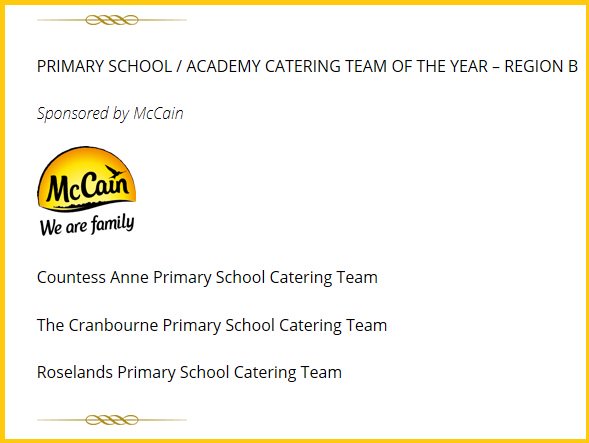 HCLcatering's tweet photo. #HCLAwards Primary / Academy School Catering Team of the Year Region B nominees:
@CountessSchool
@TheCranbourne
@RoselandsPrimarySchool
Sponsors: @McCainFoods_b2b https://t.co/FS9m9pO0uh