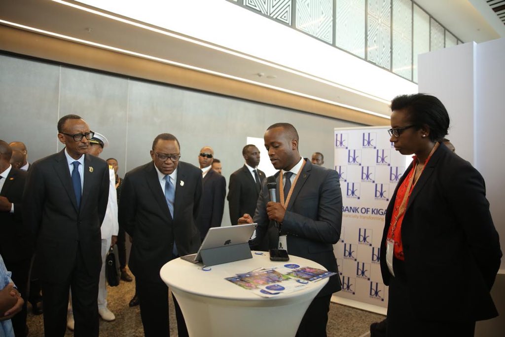 BankofKigali's tweet photo. We are honoured to have H.E @PaulKagame , H.E #UhuruKenyatta from Kenya and H.E #IbrahimBoubacarKeita from Mali at our #TAS2019 stand  as we present to them IKOFI(Bank of Kigali E-wallet with a special focus to the farmers).

#TAS2019 #RwoT https://t.co/73pqzMfoVA