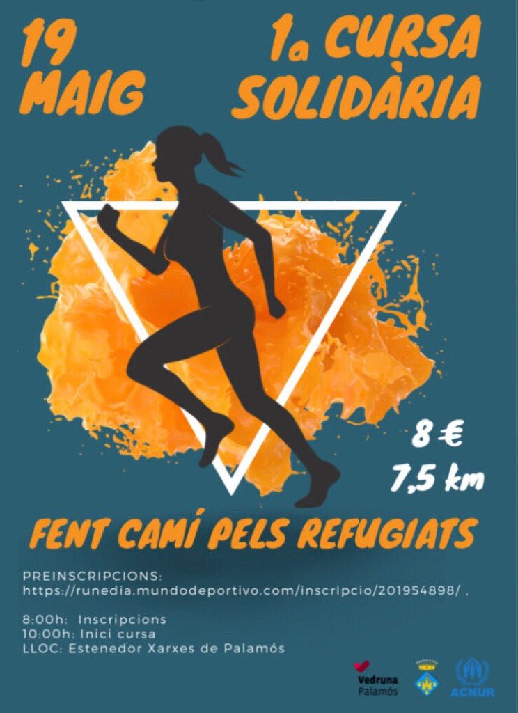 AjPalamos's tweet photo. Diumenge els alumnes de 3r d'ESO del @vedrunapalamos organitzen la 1a cursa solidària "Fent camí pels refugiats"🏃‍♀️ 7,5km. Sortida (10h)a l'estenedor de xarxes. Inscripcions a: https://t.co/vyp8x4rWlg o el mateix dia a partir de les 8h. Recaptació per @CatalunyaEACNUR #Palamós https://t.co/8J14AoPFIZ