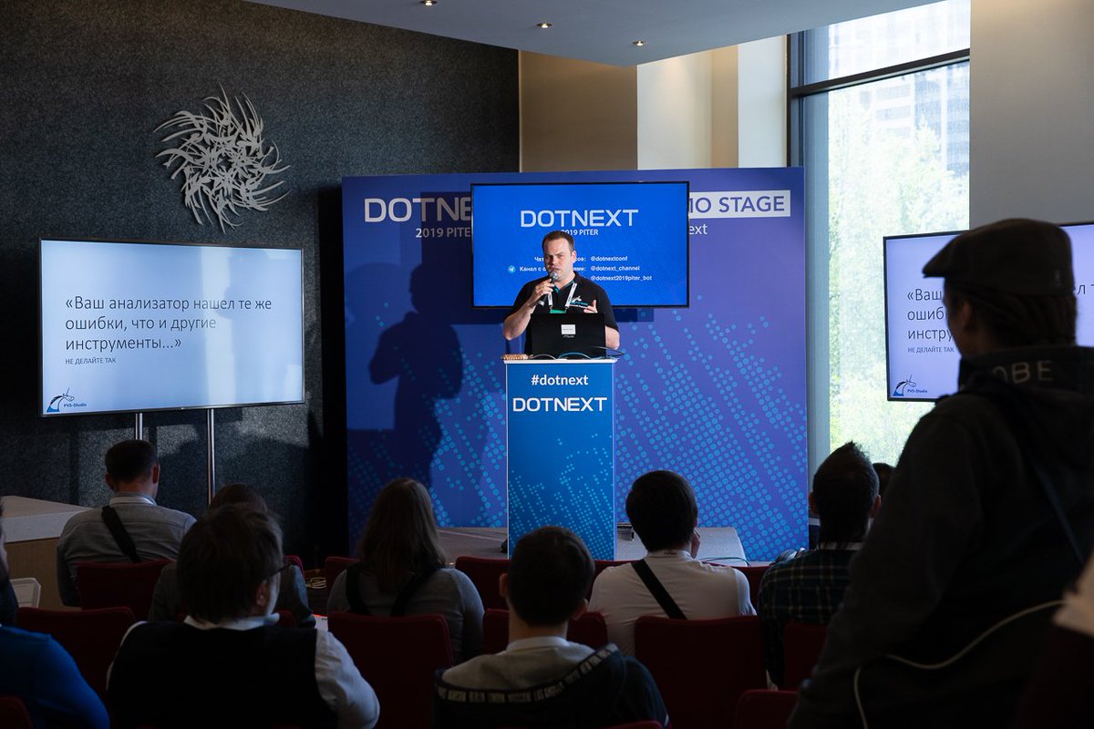 DotNextConf's tweet image. #dotnext Евгений Рыжков из #pvsstudio выступил с минидокладом — «Три самые частые ошибки при использовании статического анализа кода».