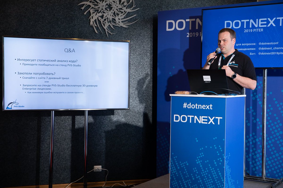 DotNextConf's tweet image. #dotnext Евгений Рыжков из #pvsstudio выступил с минидокладом — «Три самые частые ошибки при использовании статического анализа кода».