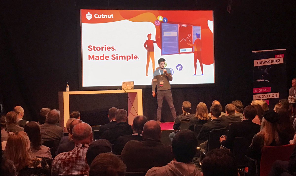 MPKemper's tweet photo. Interessante Startup-Ideen für Medienhäuser in der ersten Session: #Cutnut ist ein Werkzeug, um einfach und schnell vertikale Stories zu bauen. #newscamp19 https://t.co/0XnXnv1nwy