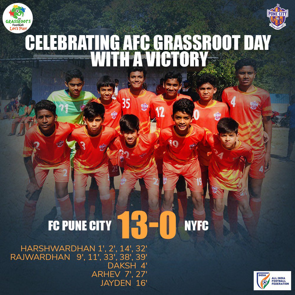 FC Pune City U 14 team beat NYFC 13-0 in PDFA U-14 league &amp; celebrated AFC Grassroot day with a win. 

The notable performers from FC Pune City were Rajwardhan with 5 goals, Harshwardhan with 4 goals, Arhev with 2 goals and Daksh &amp; Jayden with one goal each 💪

#OneTeamOneDream