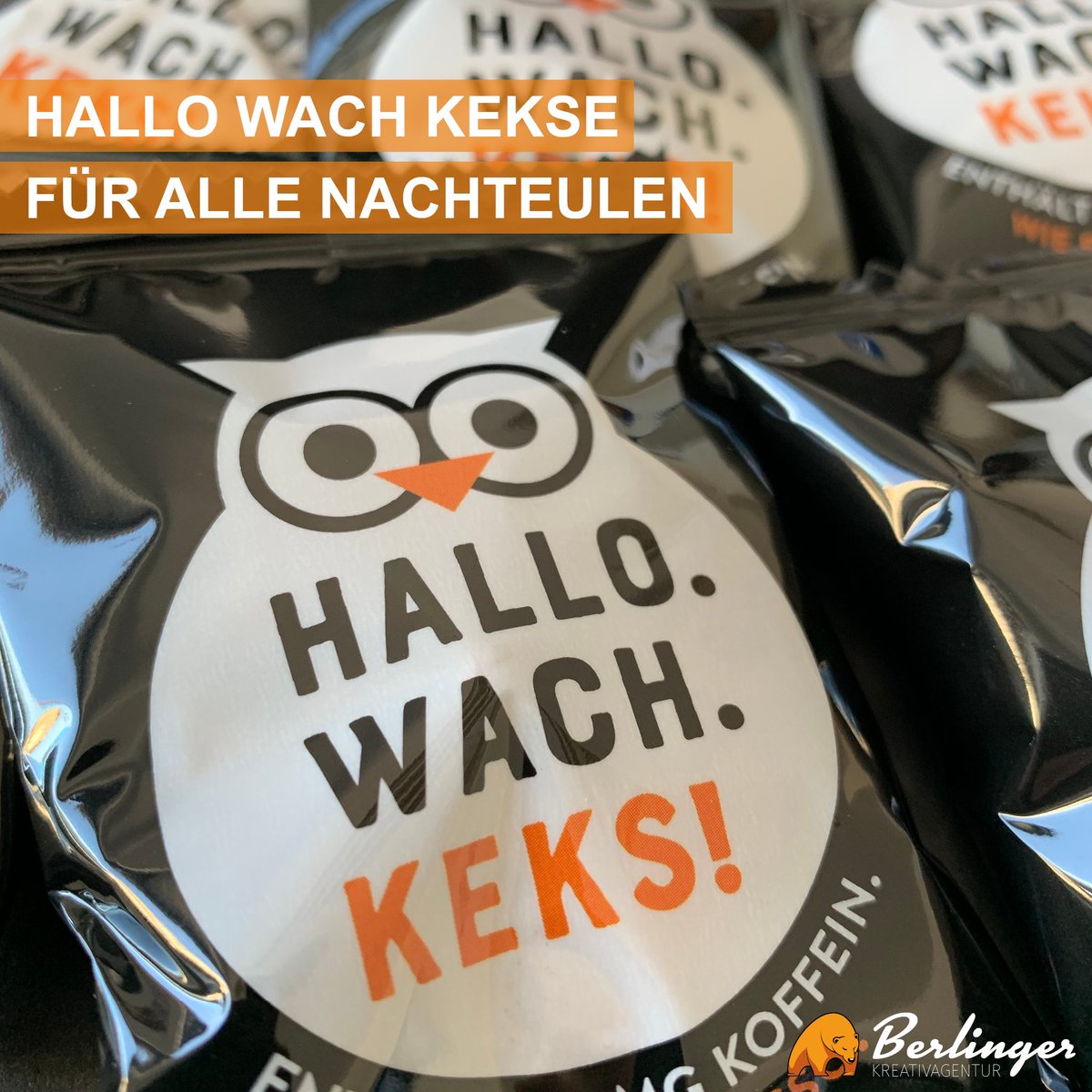 Wake up call! Marktneuheit! Die neuen Hallo.Wach.Kekse sind für alle Nachteulen oder die, die es gern wären. Ein Chocolate Chip Cookie mit 30mg Koffein (entspricht einer Tasse Espresso). #wakeup #werbemittel #berlinger #sweet #coffee #promotion #marketing #events #hamburg