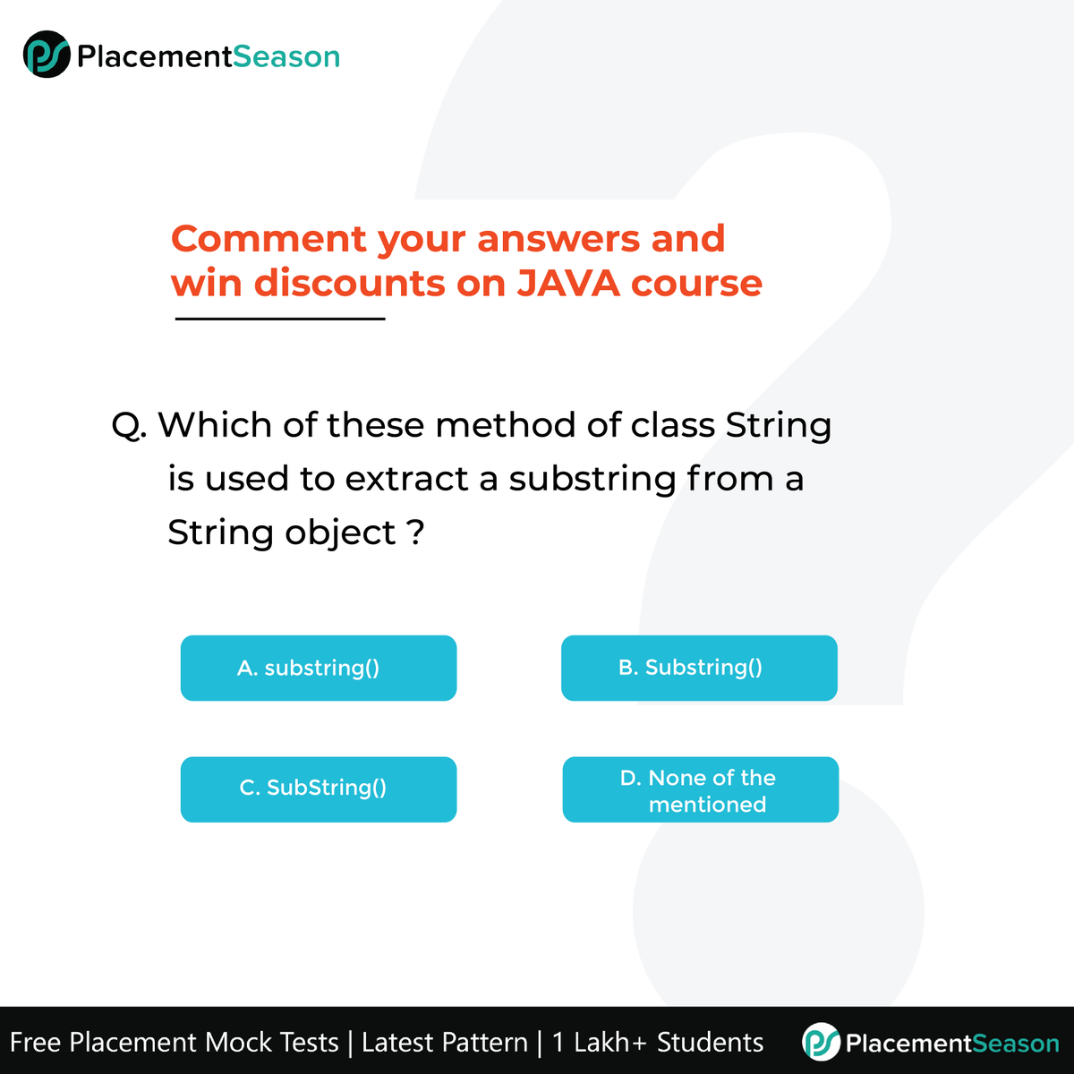 PlacementSeason's tweet image. #javaquestion #javaprogramming #quiztime #commentandwin #wincouponcodes #javacourse